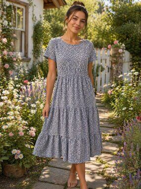 Lake Flower Pullover Tiered Dress Soft Med Floral Cottagecore SS Elastic Waist